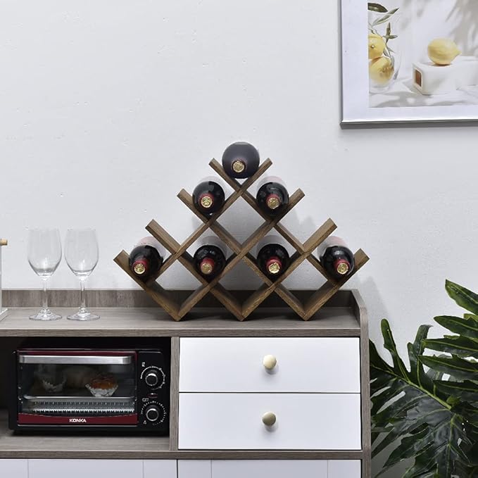 KIRIGEN 13-Bottle Wine Rack, 4-Tier Solid Wood Countertop Wine Holder, Brown Freestanding Bottle Storage Shelf for Kitchen, Bar, Cabinet, Pantry, XHJJ4-DBR