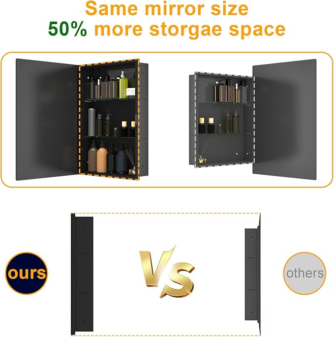 15"x20" Black Medicine Cabinet Mirror, Recessed & Surface Mount Medicine Cabinets for Bathroom, Tempered Glass Mirror + Full Metal Storage Cabinet, 2 Stable and Removable Shelves, Left or Right Open