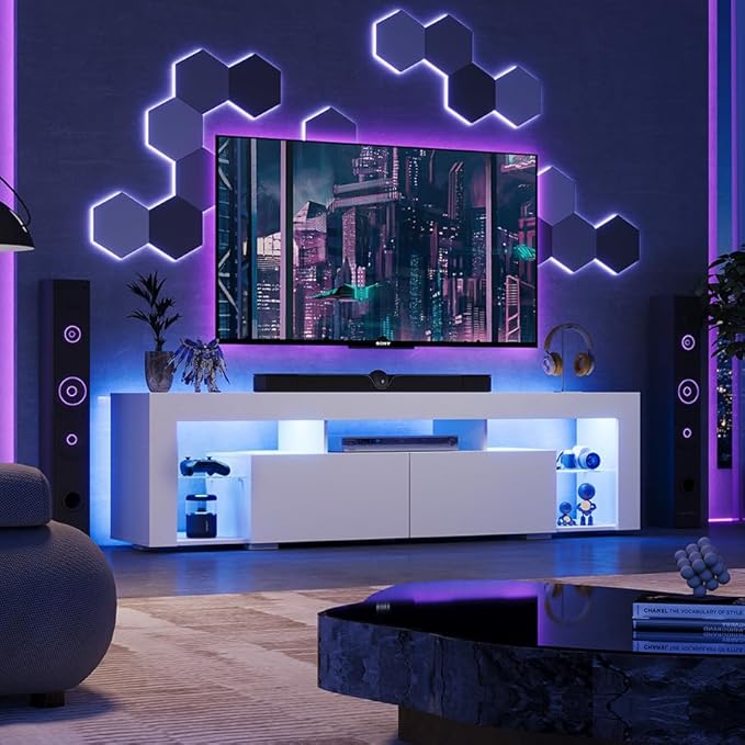 WLIVE TV Stand for 70 65 60 Inch TV, Modern Entertainment Center with LED Lights & 2 Large Storage Drawers, Wood TV Console for Living Room, Bedroom(White)