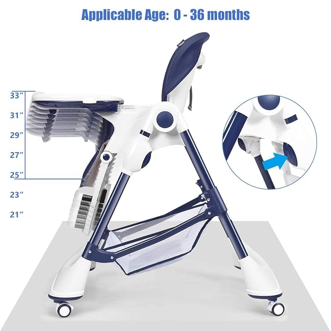 INFANS High Chair with One-Hand Removable Tray, 4 Lockable Wheels & Large Storage Basket - Multi-Adjustable Height, Recline & Footrest, Removable Cushion, Foldable for Baby, Infant& Toddler (Navy)