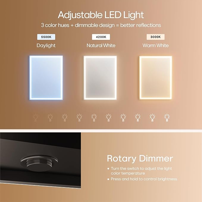 28x20 inch LED Lighted Medicine Cabinet with Mirror, Moisture-Resistant Wood, Stepless Dimmable, 3000K/5500K, Defogger, Adjustable Shelf, Flat-Pack Design – Assembly Required, Black