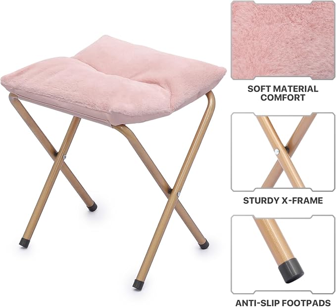 MoNiBloom Round Folding Faux Fur Saucer Chair for Bedroom Living Room Dorm Foldable Metal Frame Oversized Large Comfy Furry Padded Soft Cozy Moon Chair with Footrest Ottoman for Adults (Pink)