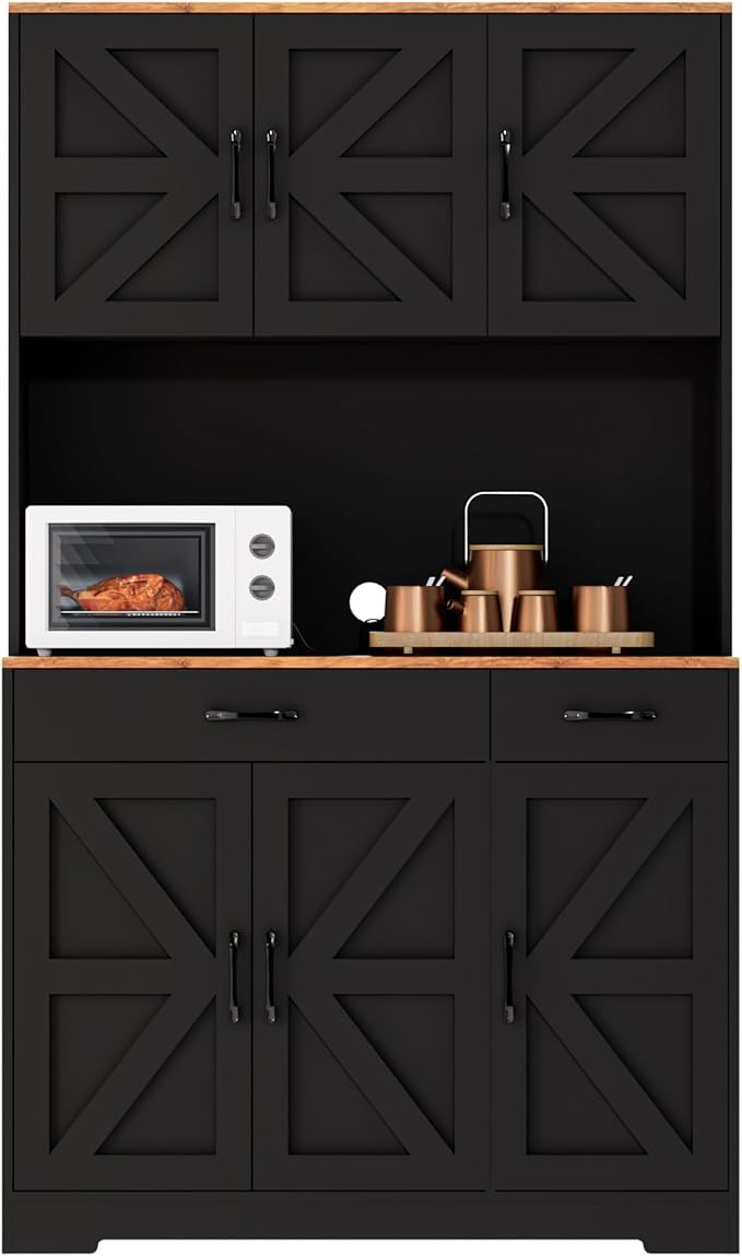 71" Kitchen Pantry Cabinet with Charging Station, Pantry Storage Cabinet Large Kitchen Hutch with Microwave Stand, Coffee Bar Station with Doors and Adjustable Shelves, Black and Brown