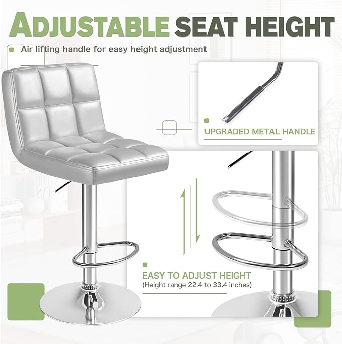 Furmax Bar Stools Modern Pu Leather Swivel Adjustable Hydraulic Bar Stool Square Counter Height Stool Set of 2 (Sliver)
