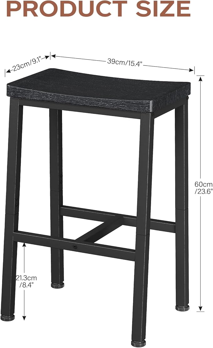 Homeiju Bar Stools, Counter Height Bar Stools Set of 2, 23.6 Inch Saddle Stools with Footrests, Industrial Kitchen Counter Seat for Dining Room, Kitchen, Counter, Black