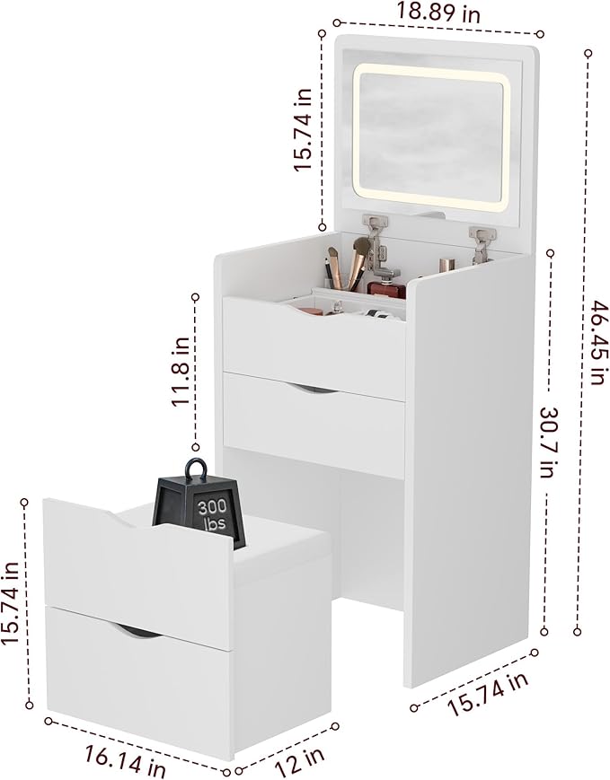 Mr IRONSTONE Compact Vanity Desk with Mirror and Lights, Hidden Makeup Vanity Cabinet with Storage Drawers & Shelves, Small Vanity Table for Bedroom, Flip Top Vanity for Small Spaces, White