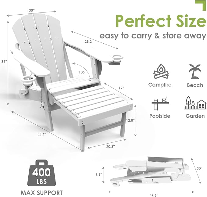 GREENVINES Adirondack-Chairs-with-Ottoman | Set of 2 | Folding | Retractable-Footrest | HDPE Plastic | All Weather Fire Pit Chair | Cup Holders | White | for Outdoor Poolside