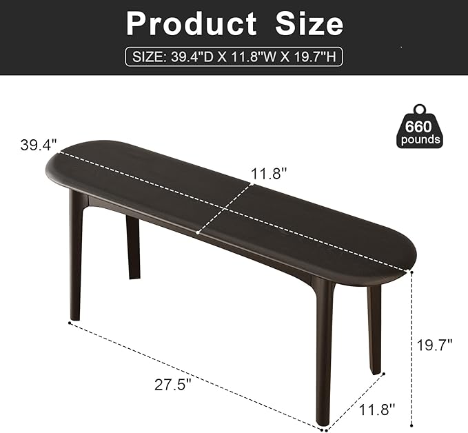 DONGMUWUEJEE 100% Solid Wood Dining Bench, Wood Bench for End of Bed with Rounded Corners, Entryway Benches for Farmhouse, Kitchen, Living Room and Plant Stand (Black, 39.4" D x 11.8" W x 19.7" H)
