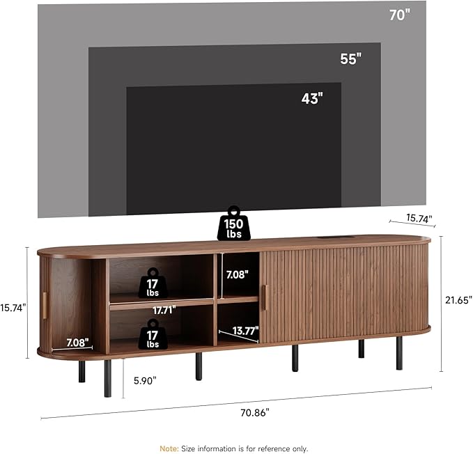 70.8" TV Stand with Power Outlet, Mid-Century Modern Television Stand, Fluted Media Console with Sliding Doors, Entertainment Center for TVs up to 60 Inch, Adjustable Shelves, Walnut