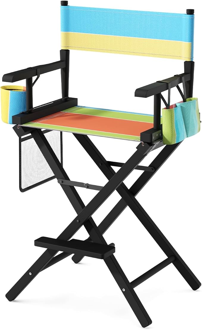 OmySalon 26" H Tall Directors Chair, Wooden Portable Folding Makeup Chair w/Storage Pouch & Footrest, Professional for Salon/Events/Mobile Services, 250lb Capacity, Colorful Canvas & Black Frame