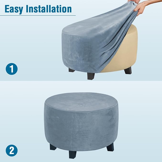 H.VERSAILTEX Round Ottoman Slipcover Ottoman Covers Slipcover Footstool Protector Covers Storage Stool Ottoman Covers Stretch with Elastic Bottom, Real Velvet Plush Fabric (X-Large, Stone Blue)