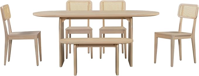 Merax 6 Pieces Modern Dining Set for 6, 71" Oval Rubberwood Dining Table with Bench and 4 Rattan Backrest Chairs for Dining Room, Living Room, Kitchen, Natural