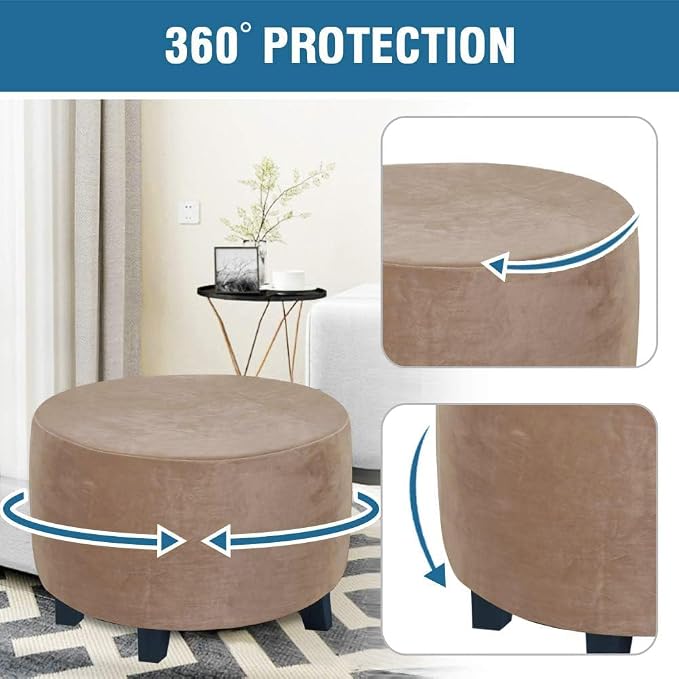 H.VERSAILTEX Round Ottoman Slipcover Ottoman Covers Slipcover Footstool Protector Covers Storage Stool Ottoman Covers Stretch with Elastic Bottom, Feature Real Velvet Plush Fabric (X-Large, Camel)