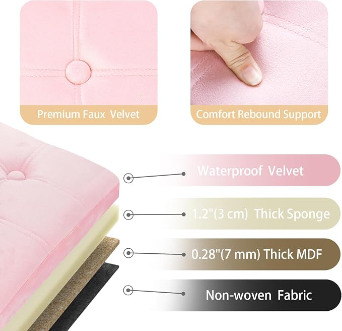 Bsketa Storage Ottoman Bench with Folding Lid Ⅲ, Foot Stools Opens on Both Ends, Footrest Foldable Velvet Chest for Living Room, Bedroom, Entryway, End of Bed Storage Blanket Ottomans Pink