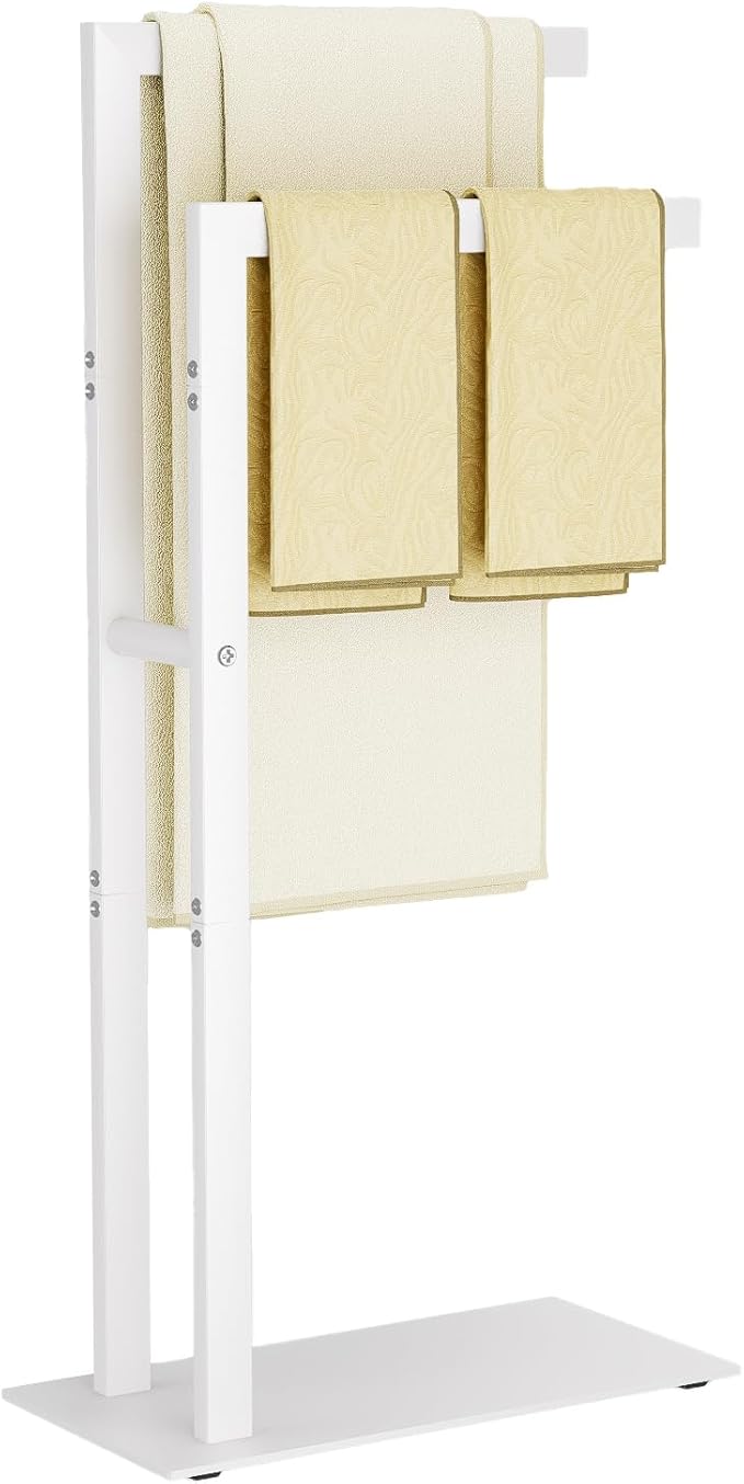 Yawinhe Free Standing Towel Rack, 2 Tier Blanket Holder with Marble Base, Metal Hand Towel Holder for Bathrooms, Drying and Display Rack with Shelf,15.7×7.87×31.49 inch,White, SMJ003W