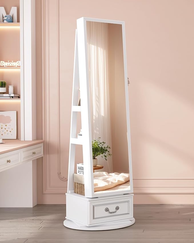 Vlsrka Mirror Jewelry Cabinet Standing, 360° Swivel Jewelry Armoire with Full Length Mirror, Lockable Mirror with Jewelry Storage, 3-Color LED Lights, Foldable Makeup Shelf, White