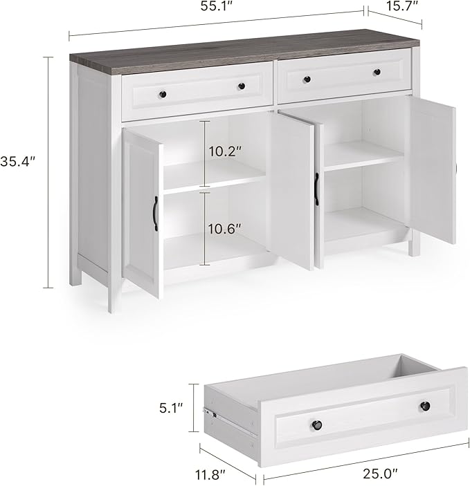 Gizoon Farmhouse Kitchen Sideboard Buffet Cabinet with Storage, Wood Coffee Bar and Storage Sideboard with Drawers and Doors for Kitchen, Dining Room, 15.7" D x 55.1" W x 35.3" H, White/Grey