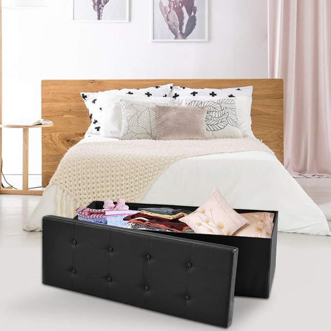Folding Storage Ottoman Bench, 45" Large Ottoman Space-Saving Bench,Faux Leather Storage Chest with Memory Foam,Footrest Padded Stool Seat for Bedroom Toy Chest, Black,Leather
