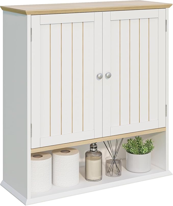 Viaozutis Over The Toilet Bathroom Wall Cabinet with 2 Doors and Open Shelf, Wooden Space Saving Storage Cabinet, Medicine Cabinet for Bathroom Organization, White