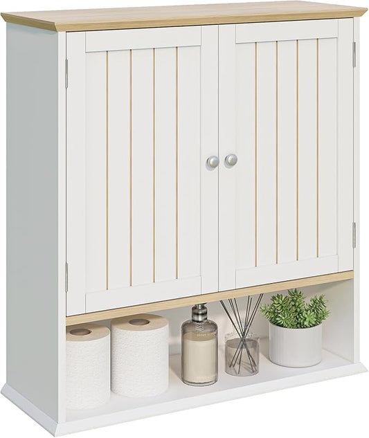 Viaozutis Over The Toilet Bathroom Wall Cabinet with 2 Doors and Open Shelf, Wooden Space Saving Storage Cabinet, Medicine Cabinet for Bathroom Organization, White