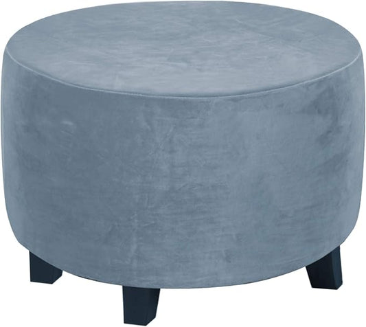 H.VERSAILTEX Round Ottoman Slipcover Ottoman Covers Slipcover Footstool Protector Covers Storage Stool Ottoman Covers Stretch with Elastic Bottom, Real Velvet Plush Fabric (X-Large, Stone Blue)