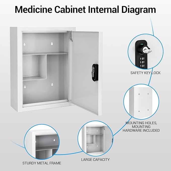 Wall Mounted Metal Medicine Cabinet with Key Lock, First Aid Medication Storage Box, White