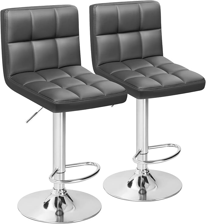 Furmax Bar Stools Modern Pu Leather Swivel Adjustable Hydraulic Bar Stool Square Counter Height Stool Set of 2 (Gray)