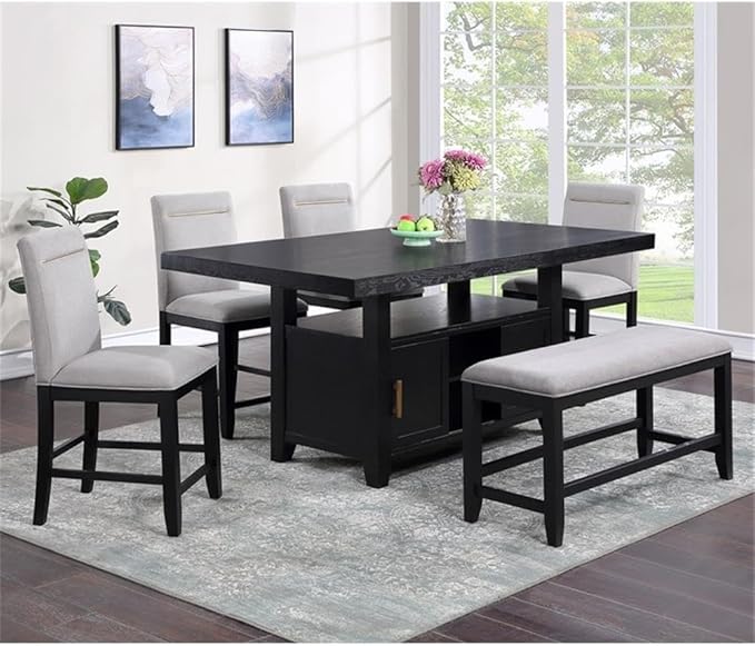 Pemberly Row Rubbed Charcoal Wood Counter Height Storage 6-Piece Dining Set, Acacia Veneers, Oil-Rubbed Brass Accents, Expandable Table, Bench and Chairs with Durable Fabric for Dining Room