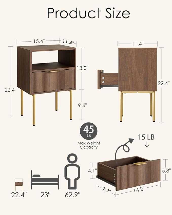 Aienvey Night Stand, Modern Nightstand with Drawers, Bedside Table, Gold Small Side Table for Bedroom, Living Room End Table (Walnut Stripe, 1 Drawer)