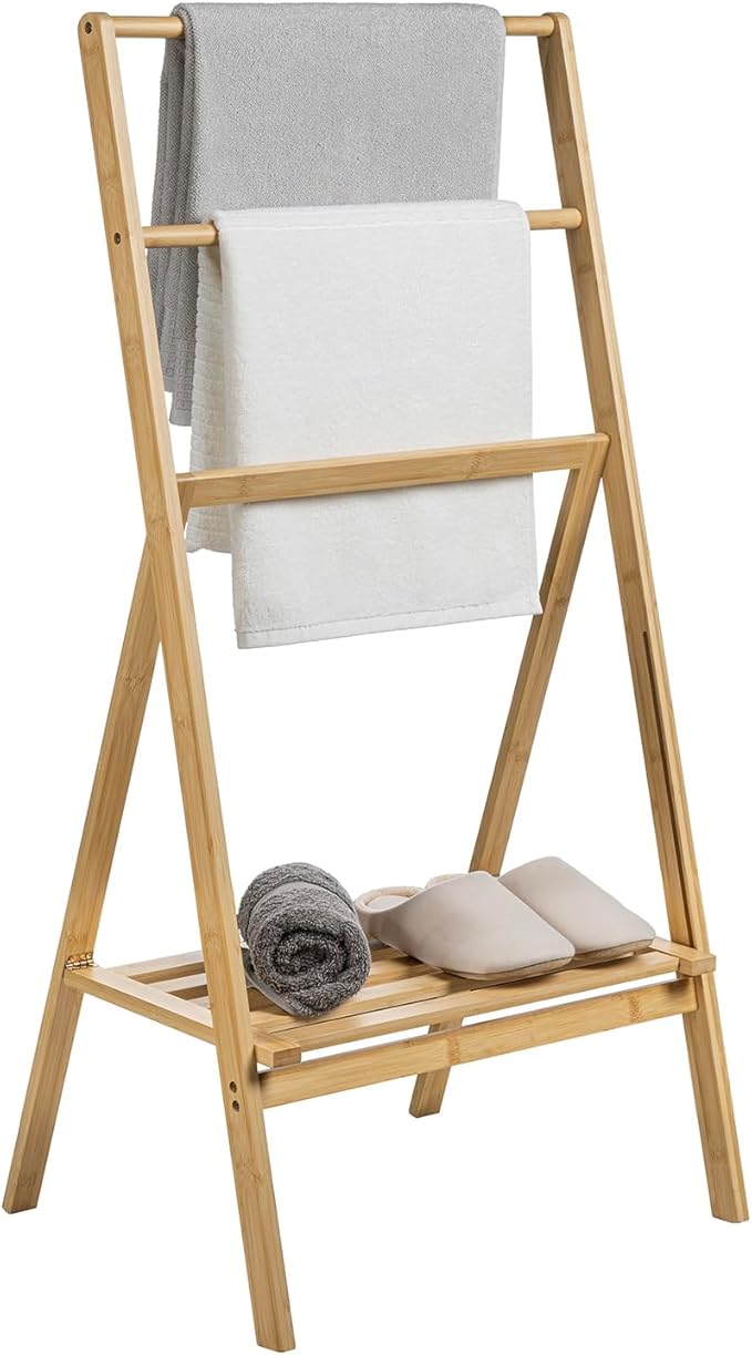 MyGift 3 Tier Free Standing Towel Rack for Bathroom, Pool Outdoor, Foldable Blanket Ladder with Storage Shelf, 43" H Bath Towel Holder Organizer Drying Rack, Light Brown Solid Bamboo Quilt Rack