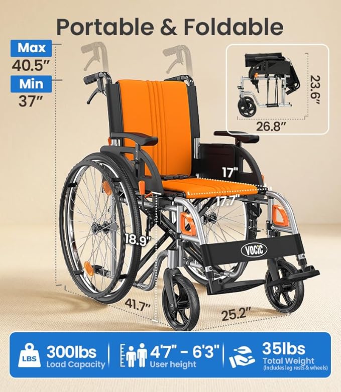 VOCIC Ultra Lightweight Wheelchair for Adults, 23lb Frame Portable Foldable Self-Propelled Wheelchairs for Seniors with Quick Release Wheels, Swing-Away Footrests,Flip-Back Arm, 300 lbs Orange