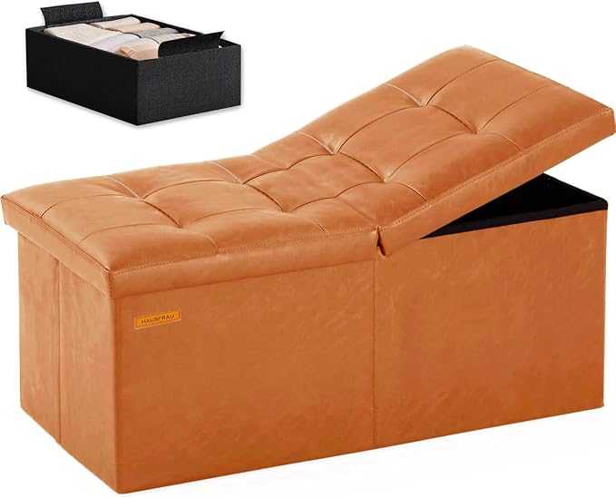 HAUSFRAU 31.5 Inches Ottoman with Storage Bench, Folding Ottoman Bench Small Foot Rest Stool, Bedroom Bench with Flipping Lid, Faux Leather Cognac Brown