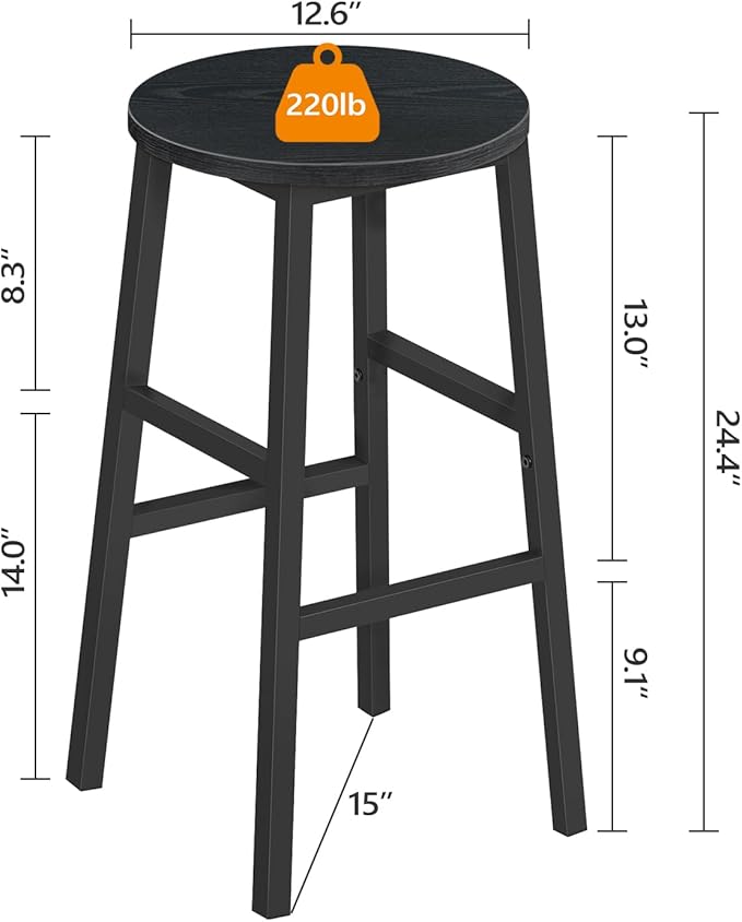 MAHANCRIS Bar Stools, Set of 2 Round Bar Chairs with Footrest, 24.4 Inch Kitchen Breakfast Bar Stools, Industrial Bar Stools, Easy Assembly, for Dining Room, Kitchen, Black BAHB0201 (Pack of 3)