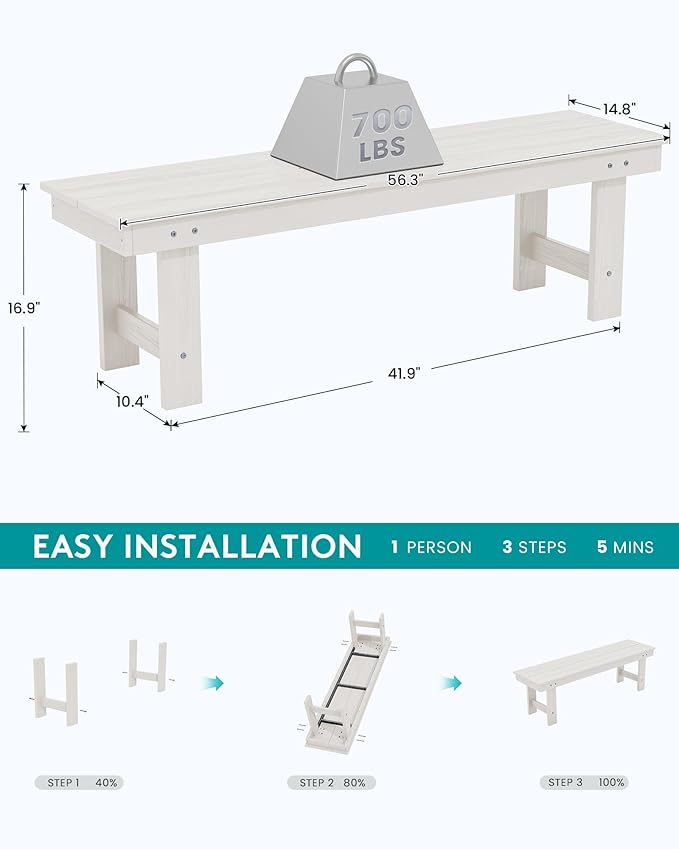 SERWALL 2-Person Outdoor Bench Backless, HDPE Outdoor Benches Weatherproof, 660 Lbs Weight Capacity, Poly Lumber Patio Furniture for Garden, Porch and Park, White