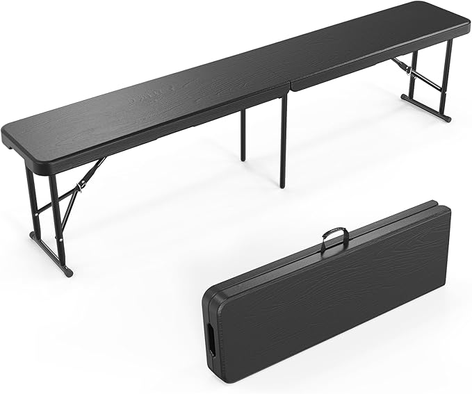 VINGLI 6 feet Plastic Folding Bench,Portable in/Outdoor Picnic Party Camping Dining Seat, Garden Soccer Multipurpose Entertaining Activities, Smooth HDPE Tabletop (1, Black, 6ft)
