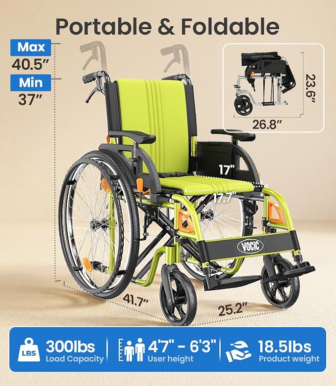 VOCIC Ultra Lightweight Wheelchair for Adults, 23lb Frame Portable Foldable Self-Propelled Wheelchairs for Seniors with Quick Release Wheels, Swing-Away Footrests,Flip-Back Arm, 300 lbs Green
