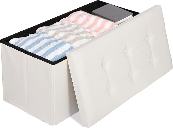 ZenStyle 30Inches Storage Ottoman Bench, Folding Footrest Stool, Storage Chest Long Shoes Bench with Foam Padded Seat, Holds up to 350 lbs, for Living Room, Entryway, Bedroom(White, 30 inches)