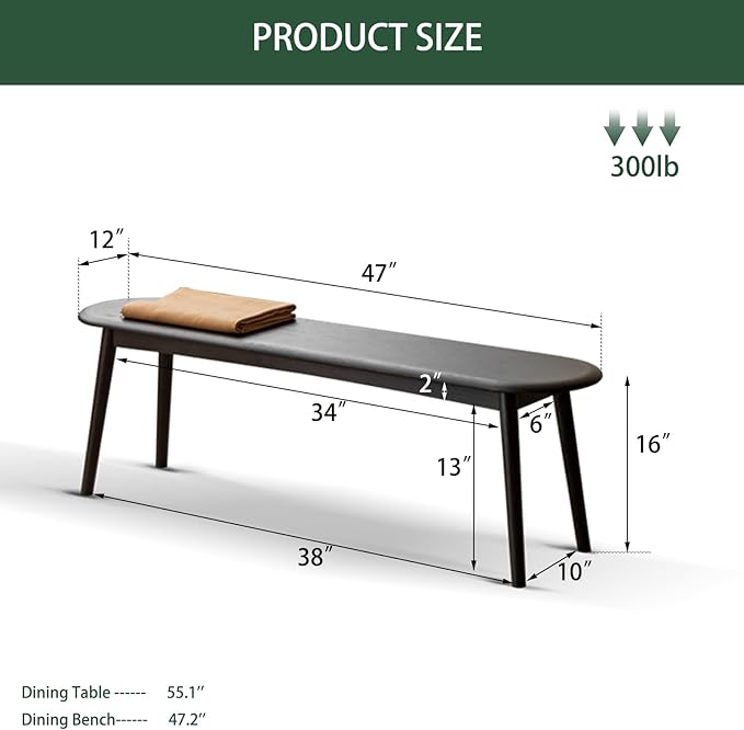 47'' 100% Solid Oak Wood Dining Bench,Rounded Corner Baguette Shape Chair Surface Design,Entryway Bedroom Bed End Bench (47.3inch, Black)