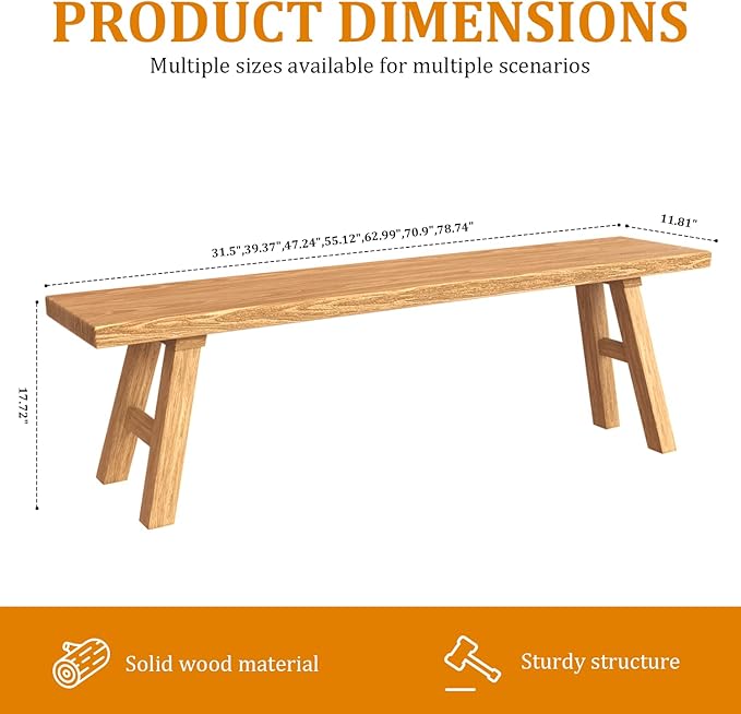 70.9" Ultra Long Solid Elm Entryway Bench - Premium Farmhouse Dining Bench for Extra Large Spaces, Commercial Use - Natural Finish