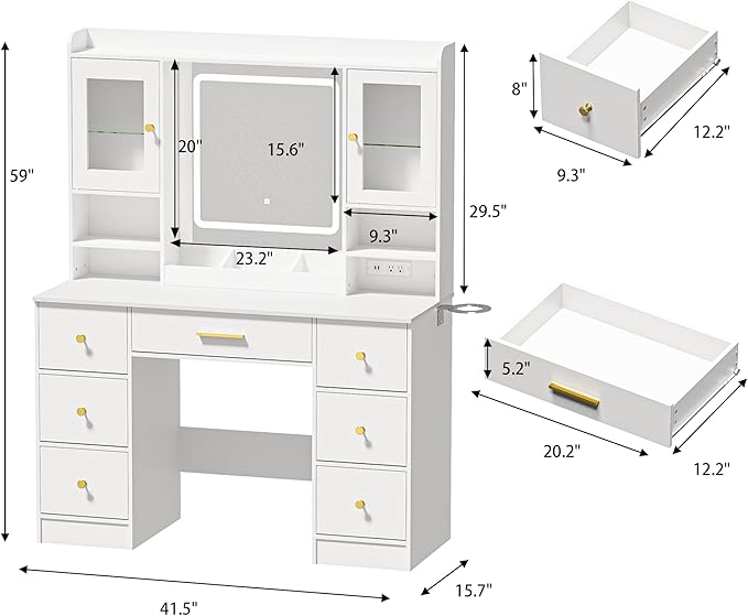 LAKEMID White Makeup Vanity Desk with Mirror and Lights,Make Up Vanity Table with Lighted Mirror 7 Drawers, Modern Vanity with Power Outlet RGB Cabinets,Dressing Table for Bedroom Women Girls