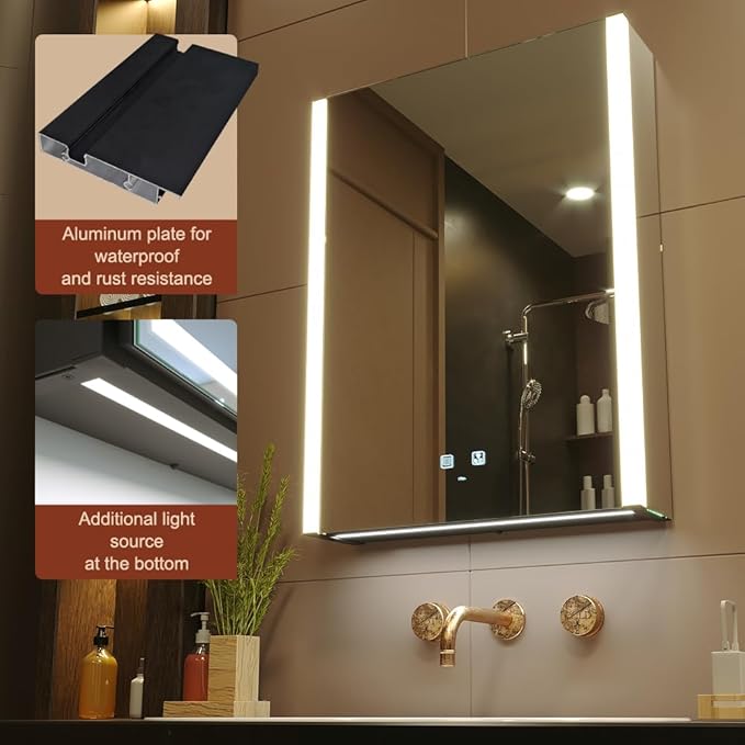 KWW LED Lighted Bathroom Medicine Cabinet with Sockets & USBs, Defogger, Dimmable, 3 Color Light Makeup Mirror, Easy to Install, Wall Mounted Cabinet (Left hinge-21 * 28)