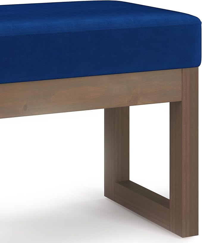SIMPLIHOME Milltown Small Ottoman Bench - 27" Wide x 18" High Upholstered Velvet Fabric Rectangle Footstool Ottoman in Blue, Contemporary Bench for Bedroom with Cushioned Seat, Assembled
