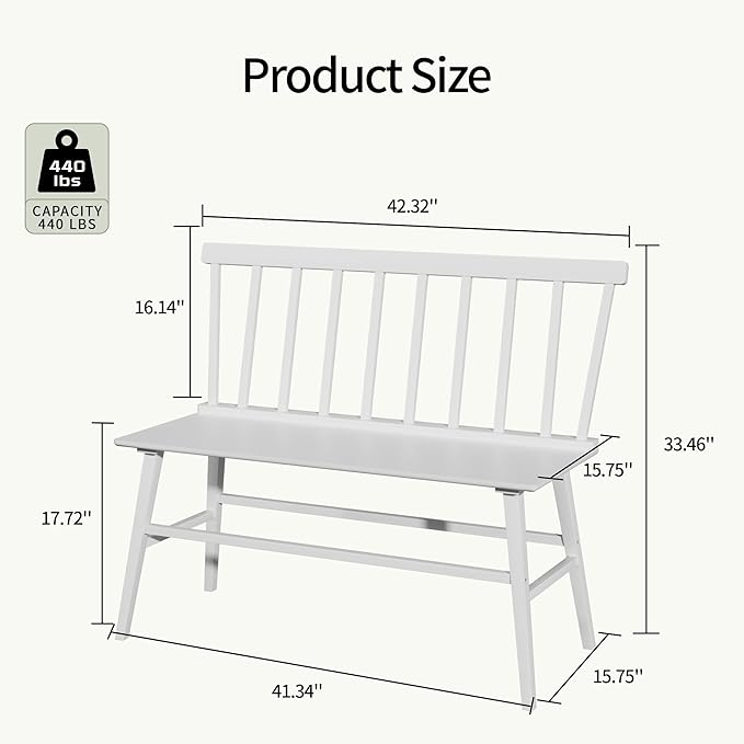APRTAT Bamboo Entryway Bench, Farmhouse Dining Bench with Spindle Back 3 Person Indoor Bench Chair Wood Windsor Bench Easy Assembly for Foyer Balcony Hallway Living Room (White)