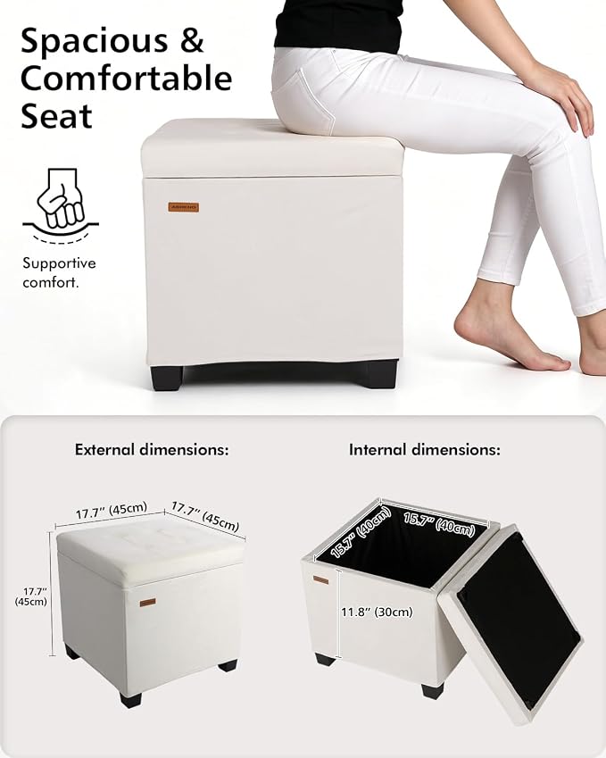 ABHENG Velvet Cover Steel Frame Ottoman with 48L Storage,17.7" x 17.7" x 17.7" Square Linen Storage Ottoman Stool Cube with Legs,for Dorm Livingroom White UASND64W