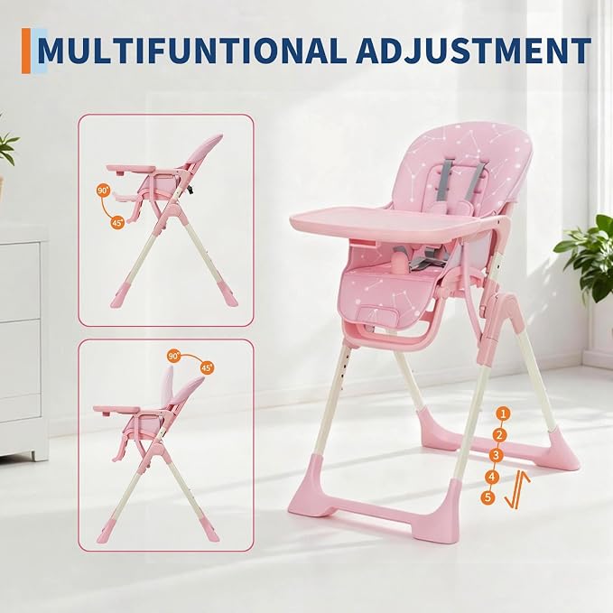 Baby High Chair, Foldable Feeding Chairs for Babies and Toddlers, Adjustable Height/Backrest/Footrest, Removable Tray, Fast Folding Pink