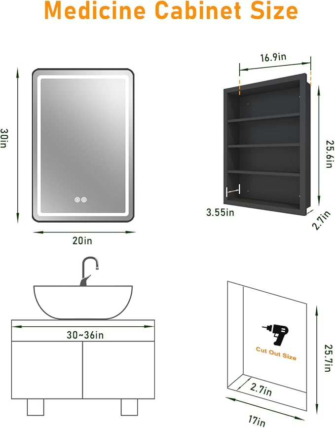 20x30 Inch Lighted Medicine Cabinet with Mirror, LED Bathroom Mirror with Storage Wall Mounted & Recessed Mounted, Anti-Fog, Dimmable 3 Lighting Colors, Memory Function, 3 Shelves & 1 Organizer, Black