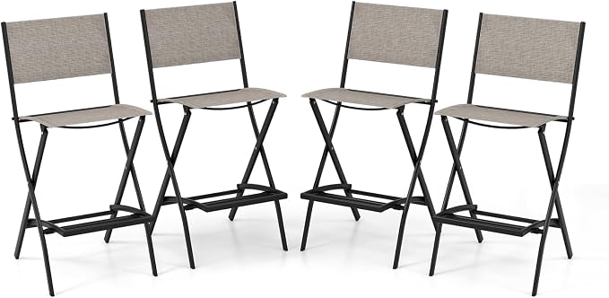 COSTWAY Outdoor Patio Bar Chair Set of 4, Folding Counter Height Stool with Metal Frame & Footrest, Patio Bar Stool for Balcony, Garden & Poolside (4, Coffee)