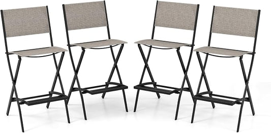 COSTWAY Outdoor Patio Bar Chair Set of 4, Folding Counter Height Stool with Metal Frame & Footrest, Patio Bar Stool for Balcony, Garden & Poolside (4, Coffee)
