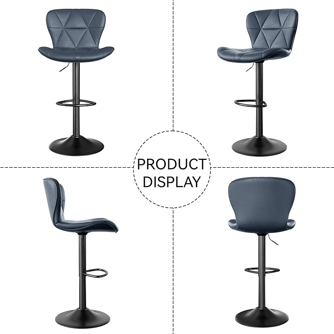 Nalupatio Modern Bar Stools Set of 2, Adjustable Faux Leather Upholstered Swivel Bar Stools, Counter Height Bar Chairs with Back for Kitchen Island, Dark Blue