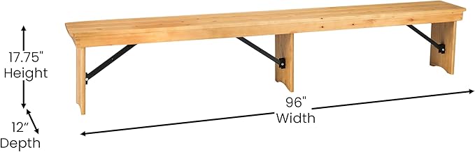 Flash Furniture HERCULES 8' x 12" Solid Pine Folding Farm Bench in Antique Rustic Light Natural